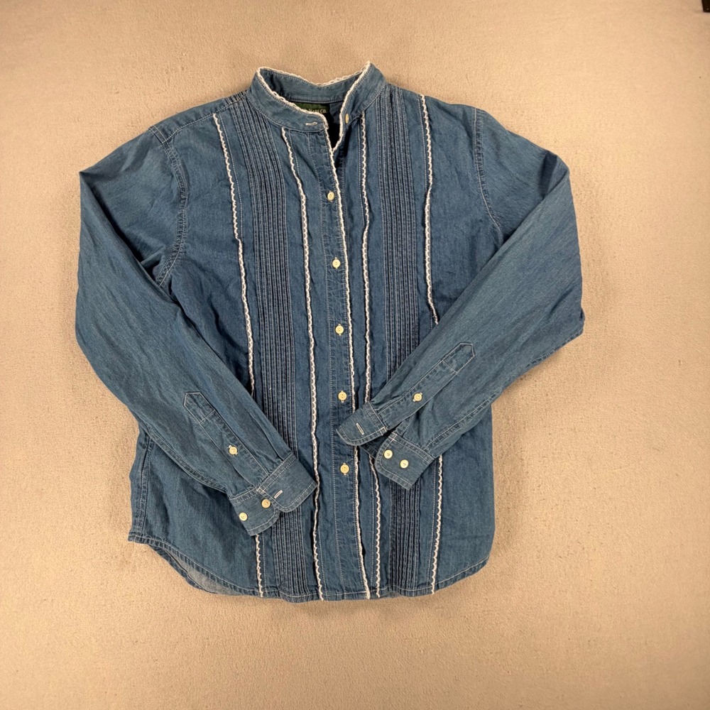 Lauren Jeans Co Ralph Lauren Women's 10P Blue Denim Pintuck Ruffle Western Shirt